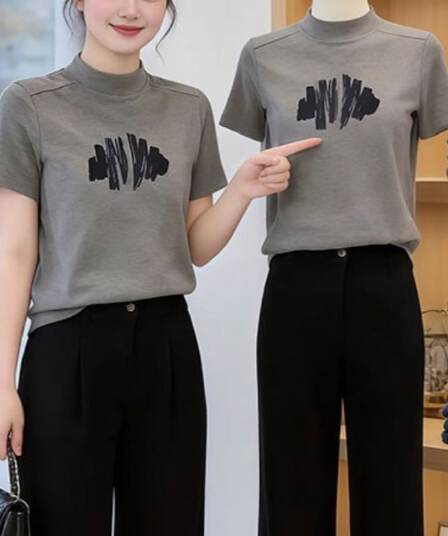 디자인 센스 반하이넥 반팔 티셔츠 여성 여름 순수한 욕망 바람 핫걸 몸매 가꾸기 슬림해 보이는 프린트 풀오버 맨위 ins