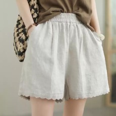 批发设计感花边拼接棉麻短<b class='q'>裤</b>女2026夏季纯色宽松百搭减龄阔腿<b class='q'>裤</b>