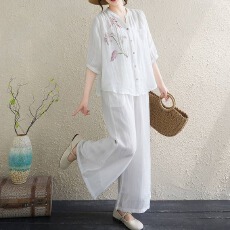 批发新中式国风休闲套装<b class='q'>女</b>士<b class='q'>夏装</b>新款妈妈洋气时尚高端苎麻上衣两件套