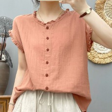 批发水洗棉纱小飞袖衬衫<b class='q'>女</b><b class='q'>夏装</b>文艺小清新木耳领柔软亲肤纯棉无袖上衣