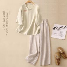 批发新中式国风棉麻短袖<b class='q'>套装</b><b class='q'>女</b>士夏季装妈妈洋气高端亚麻阔腿裤<b class='q'>两件</b>套