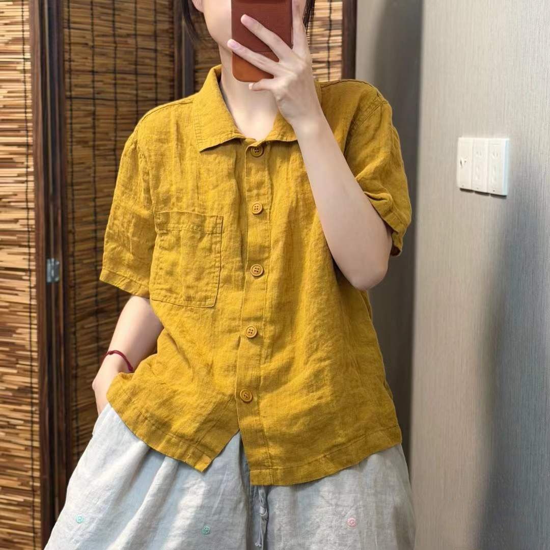 레트로 면 린넨 여성 셔츠 여름 새로운 단색 반팔 연령 감소 품격 문예 캐주얼 루즈핏 다용도 맨위 여성