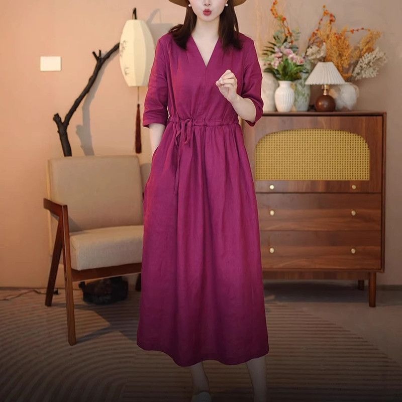 면 린넨 드레스 보라색 V넥 허리 수축 레이스업 롱 스커트 봄 여름 새로운 여성 고급 센스 외국 가스 슬림해 보이는 빅 플레어 스커트