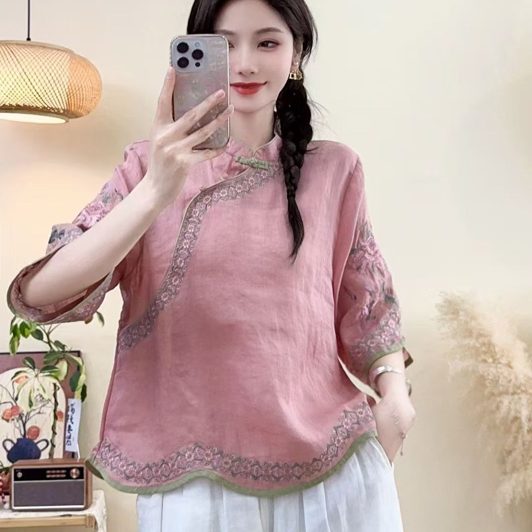 여름 새로운 레트로 면 린넨 자수 셔츠 새로운 중식 비스듬한 襟 풀오버 작은 셔츠 루즈핏 중국풍 자수 스탠드 칼라