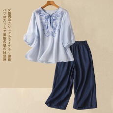 批发<b class='q'>中老年</b>妈妈2026夏装棉麻套装女刺绣短袖衬衫宽松直筒裤两件套