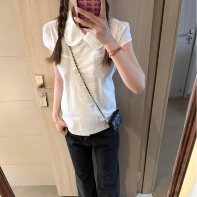 프랑스식 베이비 칼라 화이트 셔츠 반팔 여성 여름 디자인 센스 셔츠 작은 셔츠 한 부서 허리 수축 슬림해 보이는 맨위 트렌디