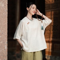 批发夏季短袖衬衫棉麻盘扣上衣女复古中式宽松斜襟禅意茶服<b class='q'>妈妈装</b>T恤