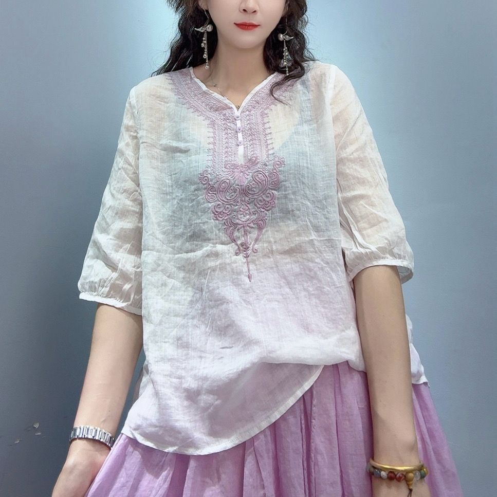 문예 레트로 자수 면 린넨 셔츠 셔츠 캐주얼 루즈핏 풀오버 작은 셔츠 고급 맨위 작은 셔츠 슬림해 보이는 다용도