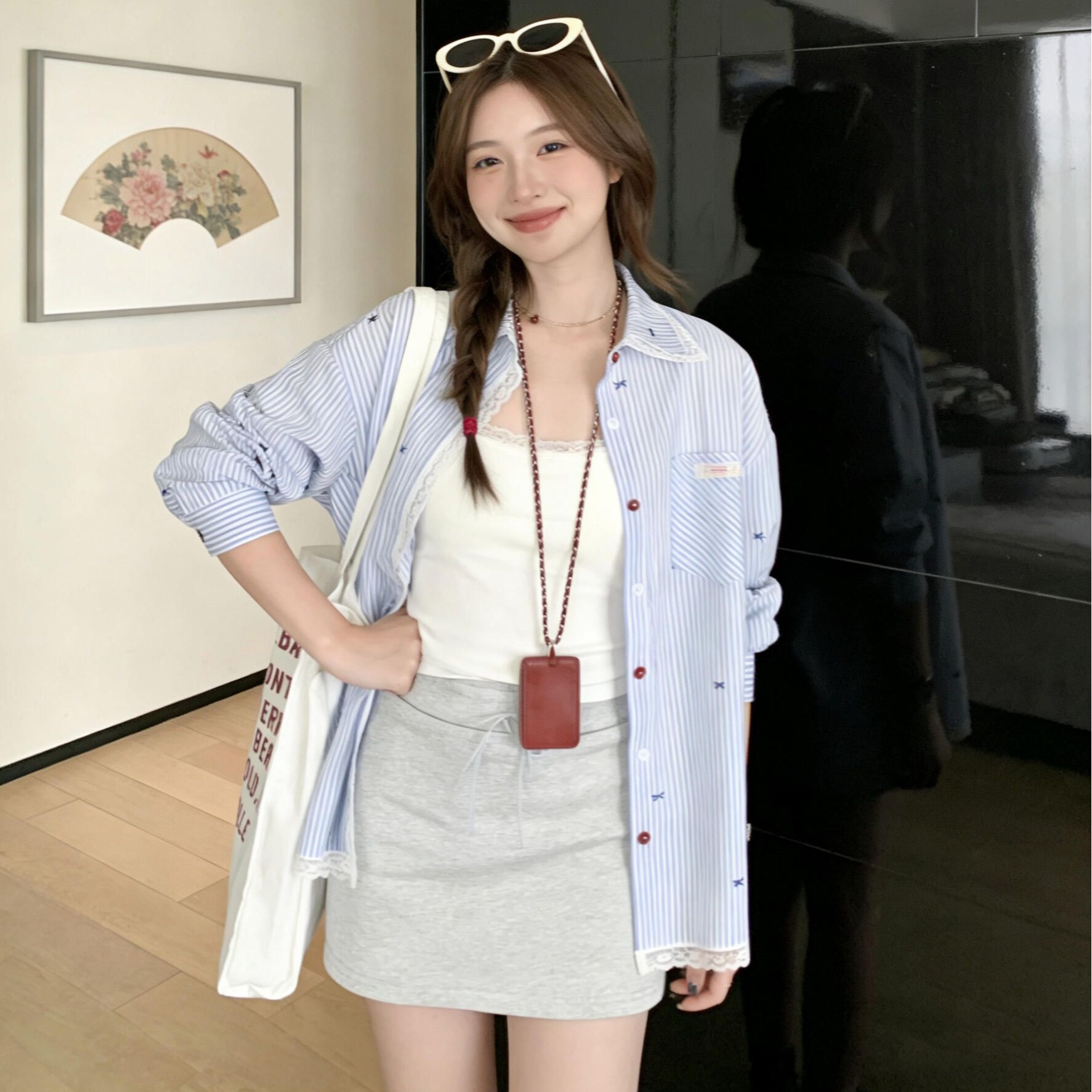 한 부서 파란색 스트라이프 레이스 셔츠 여성 긴 소매 루즈핏 느긋한 바람 자외선 차단 재킷 캐주얼 다용도 프린트 맨위