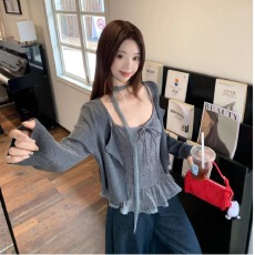 批发甜美波点边波点荷叶吊带背心2026夏<b class='q'>秋</b>季开衫长袖两件套外套上衣