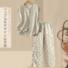 批发休闲慵懒风棉麻<b class='q'>套装</b>女士夏装新款妈妈宽松波点裤子木耳衬衫两件套