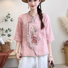 批发复古中国风刺绣棉麻衬衫女夏季复古新中式禅意茶服上衣女棉麻小衫