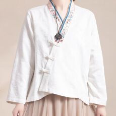 批发<b class='q'>中国风</b>复古门襟刺绣盘扣棉麻长袖开衫汉服女休闲宽松文艺春秋上衣