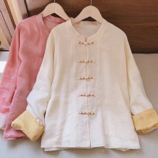 批发中式国风禅意盘扣改良唐装外套女秋薄款复古立领棉麻茶服开衫上衣