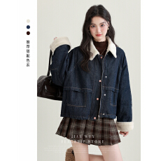 批发小香风复古<b class='q'>牛仔</b>羊羔毛领<b class='q'>夹克</b>外套女冬2025新款小个子短款开衫上衣