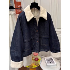 批发深蓝色羊羔毛领<b class='q'>牛仔</b>棉服2025新款女冬夹棉加厚高级感<b class='q'>夹克</b>短外套
