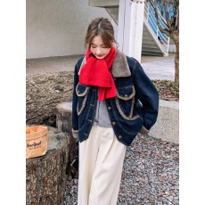 批发港风复古牛仔拼接羊羔毛外套女冬季2024新款高级感加厚小个子棉衣