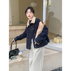 批发深蓝色羊羔毛领<b class='q'>牛仔</b>羽绒服2025新款女冬加绒加厚高级感<b class='q'>夹克</b>短外套