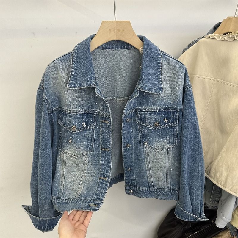 2026 봄 새로운 한국 스타일 레트로 비즈 박기 핫픽스 쇼트 스타일 데님 여성 코트 작은 키 다용도 슬림해 보이는 재킷