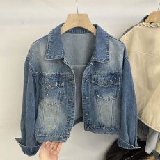 批发2026春季新款韩版复古钉珠烫钻短款牛仔外套女小个子百搭显瘦夹克