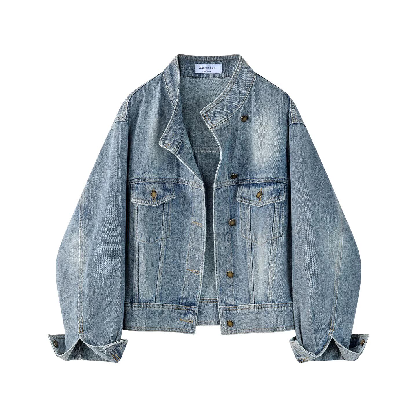 레트로 워싱 마 오래된 스탠드 칼라 데님 재킷 여성 코트 이른 봄 새로운 다용도 캐주얼 슬림해 보이는 오픈 가디건