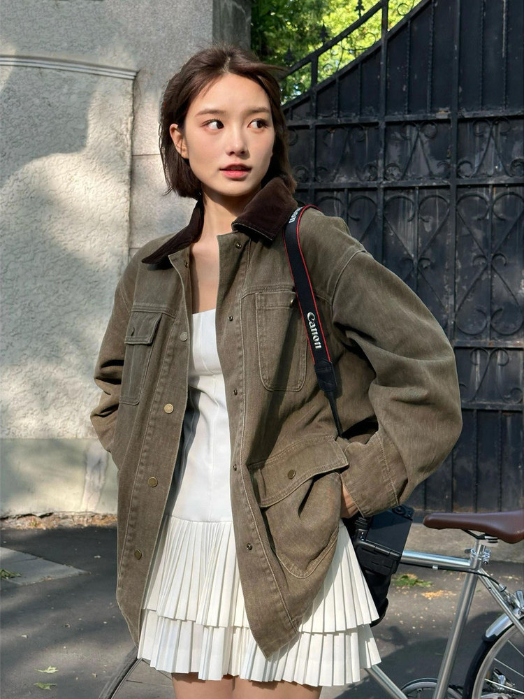 아메리칸 레트로 워크웨어 재킷 여성 코트 봄 2026 새로운 폴로 칼라 바 En 바람 없음 성별 다용도 야구 유니폼