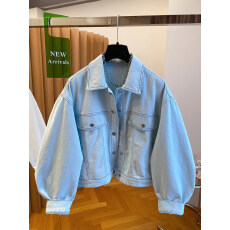 批发高级感明线蓝色牛仔外套女<b class='q'>春</b>2026新款宽松休闲超火的无领夹克上衣