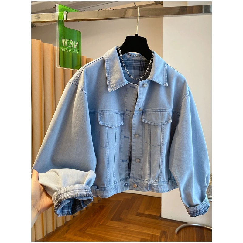 유럽 상품 밝은색 데님 여성 코트 2026 봄 드레스 새로운 루즈핏 슈퍼 잘 생긴 체크무늬 네리 쇼트 스타일 폴로 칼라 맨위