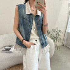 批发复古翻领拼接牛仔马甲背心女无袖宽松外套坎肩马夹2026<b class='q'>春</b>夏新款潮