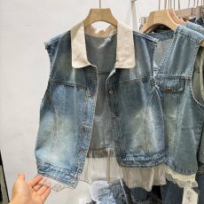 批发复古翻领拼接牛仔马甲背心女无袖宽松外套坎肩马夹2026<b class='q'>春</b>夏新款潮
