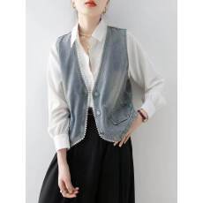 批发复古珍珠边V领牛仔<b class='q'>马甲</b>女短款春秋时尚百搭外穿牛仔背心坎肩上衣