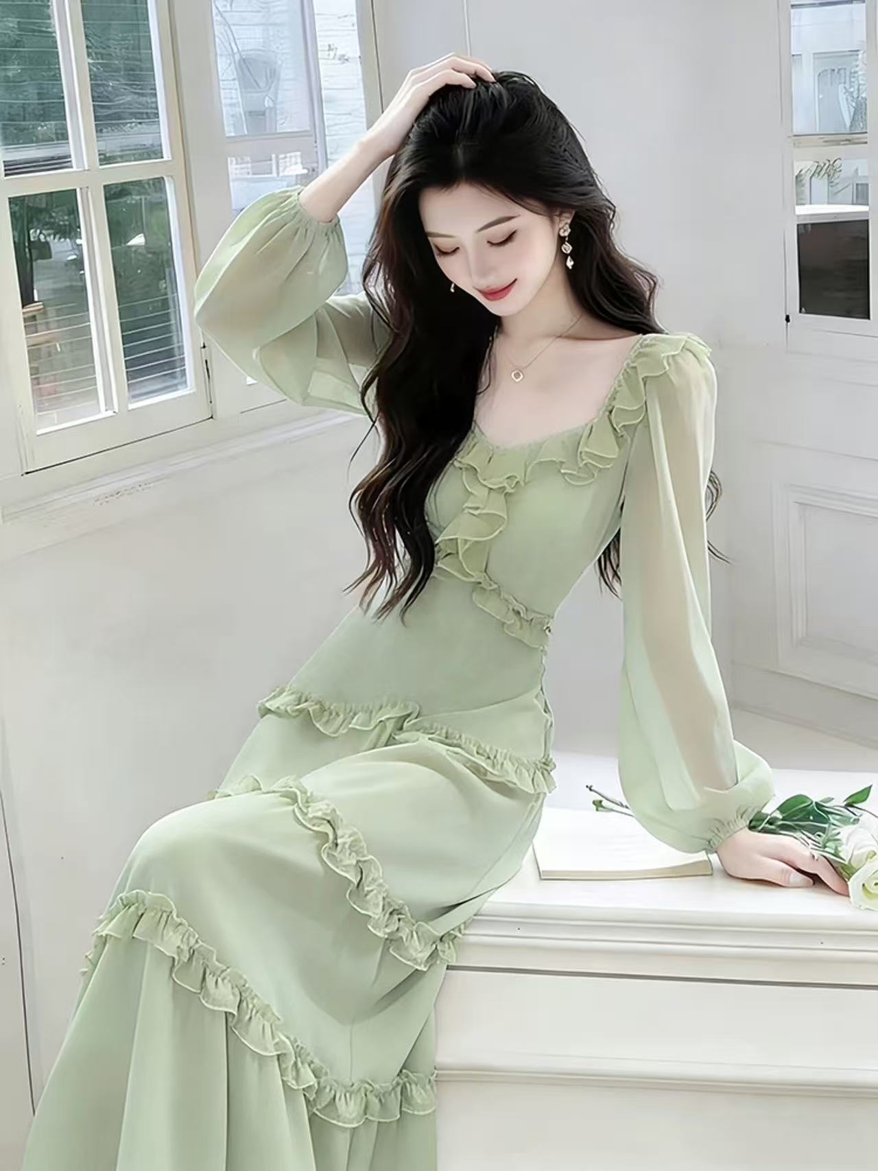 RY9412# 气质名媛绿色雪纺连衣裙2026春季海边度假风时髦洋气法式掐腰长裙