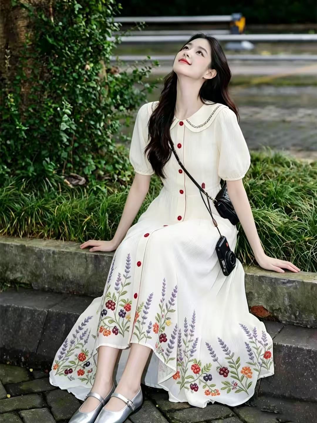 RY4416# 气质白色提花连衣裙女2026夏季新款小个子高级感独特超好看长裙子