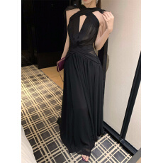 批发实拍  法式性感黑色露背飘带<b class='q'>连衣裙</b>气质宴会礼服裙度假长裙