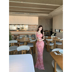 批发高定小众设计款纯欲风显身材带胸垫鱼骨收腰晕染网纱鱼尾袖套长裙