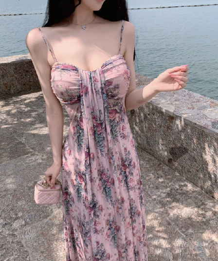 실사 绯 구름 남자 Pleat 프랑스식 해변가 휴가 바람 슬립 드레스 레트로 프린트 해변 튜브탑 롱 스커트