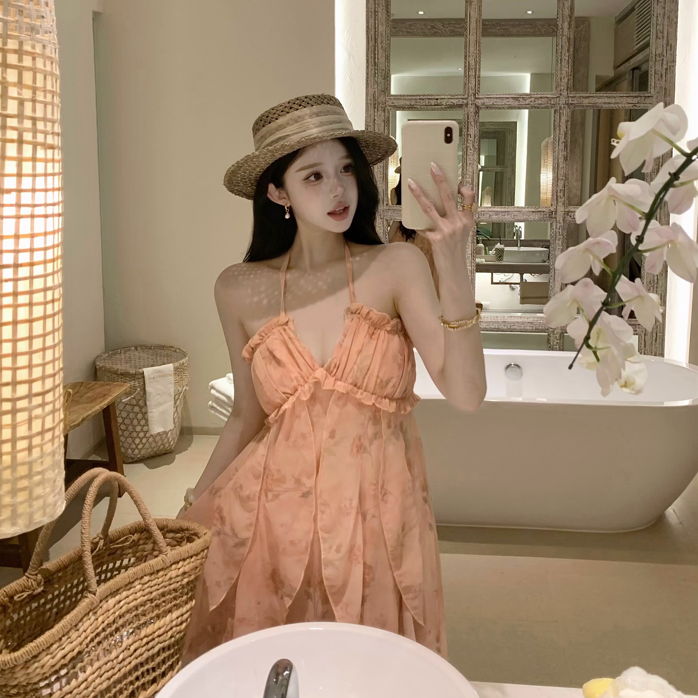 카 다몸 향수 휴가 행침 목 동점 벨트 가슴 패드 백리스 드레스