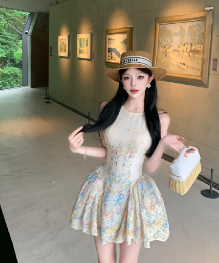 실사 앨리스 꿈 나라 행침 목 여성 드레스 여름 디자인 센스 프린트 휴가 바람 허리 수축 치마