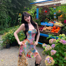 批发实拍 印花吊带连衣裙系带收腰a字包臀连衣裙女夏礼服度假裙子