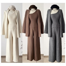 批发慵懒长袖针织毛衣外套斜肩背心女秋季极简风套装休闲阔腿裤三件套