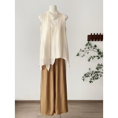 批发蝶宝嘻 腔调时刻 醋酸显瘦光泽感飘带无袖背心V领<b class='q'>衬衫</b>上衣女春季