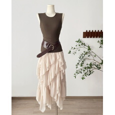 批发26春夏后背镂空辣妹纯欲显瘦<b class='q'>背心</b>荷叶边不对称半身裙套装