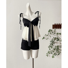 批发Thas9i九亿 黑白撞色蕾丝<b class='q'>缎面</b>拼接打揽多穿吊带蝴蝶结花苞上衣女