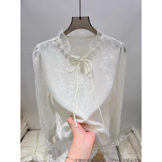 批发温柔新中式风蕾丝刺绣衬衫女2026春系带钉珠领长袖<b class='q'>上衣</b>雪纺<b class='q'>衫</b>