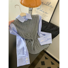 批发假两件灰色翻领套头针织衫<b class='q'>毛衣</b>女秋冬可外穿内搭设计感上衣小个子
