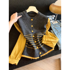 条纹拼色毛衣开衫女宽松2025秋冬新款设计感假两件拼接针织上衣潮