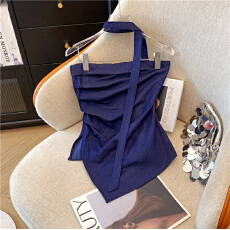 批发实拍现新款性感飘带褶皱修身牛仔抹胸上衣女显瘦