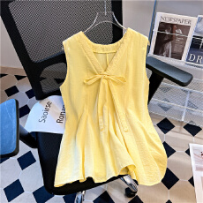 批发实拍现v领蝴蝶结<b class='q'>无袖</b>衬衫女夏季多巴胺穿搭<b class='q'>雪纺</b><b class='q'>上衣</b>