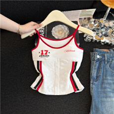 批发实拍现辣妹收腰修身短款吊带背心女2026夏季美式条纹<b class='q'>露肩</b><b class='q'>上衣</b>