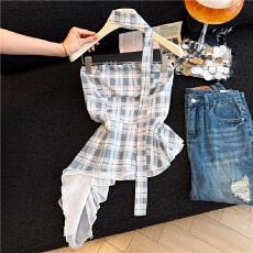 批发实拍现一字肩格子抹胸女夏季辣妹性感绝美露肩无袖不规则上衣